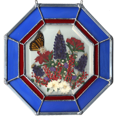 Octagon Stained Glass with Texas Bluebonnets, Indain Paintbrush and a Monarch Butterfly